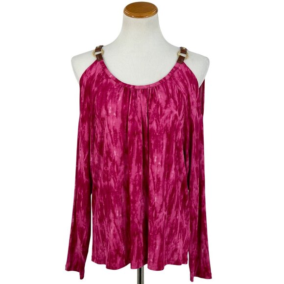 Michael Kors Pink Tie Dye Cold Shoulder Top | Vegan Leather Straps Mob Wife Glam - Picture 2 of 14